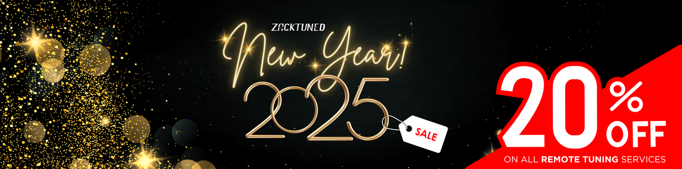 Banner featuring a 20% discount on remote tuning for New Year 2025 with the code NY2025, fireworks and celebration theme in the background.